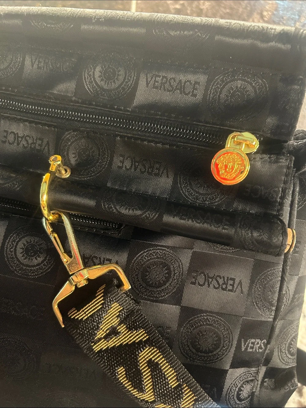 Versace Large Black Logo-Pattern Duffel with Branded Strap